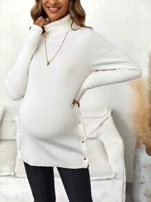 SHEIN Maternity Turtleneck Button Detail Split Hem Sweater - White - View 3