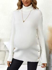 SHEIN Maternity Turtleneck Button Detail Split Hem Sweater - White - View 4