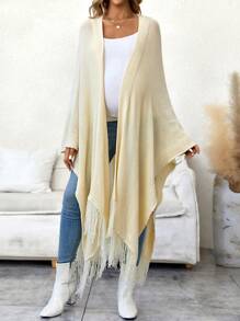 SHEIN Maternity Batwing Sleeve Fringe Trim Duster Cardigan, For Winter