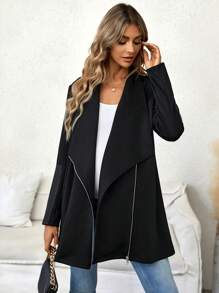 SHEIN Maternity Waterfall Collar Zip Up Coat - Black - View 1