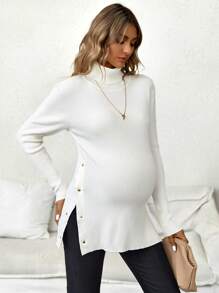 SHEIN Maternity Turtleneck Button Detail Split Hem Sweater - White - View 6