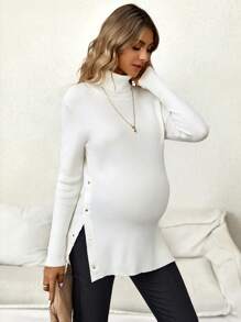 SHEIN Maternity Turtleneck Button Detail Split Hem Sweater - White - View 7