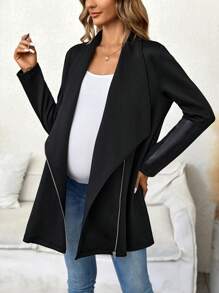 SHEIN Maternity Waterfall Collar Zip Up Coat - Black - View 3