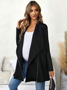 SHEIN Maternity Waterfall Collar Zip Up Coat - Black - View 4
