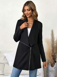 SHEIN Maternity Waterfall Collar Zip Up Coat - Black - View 7
