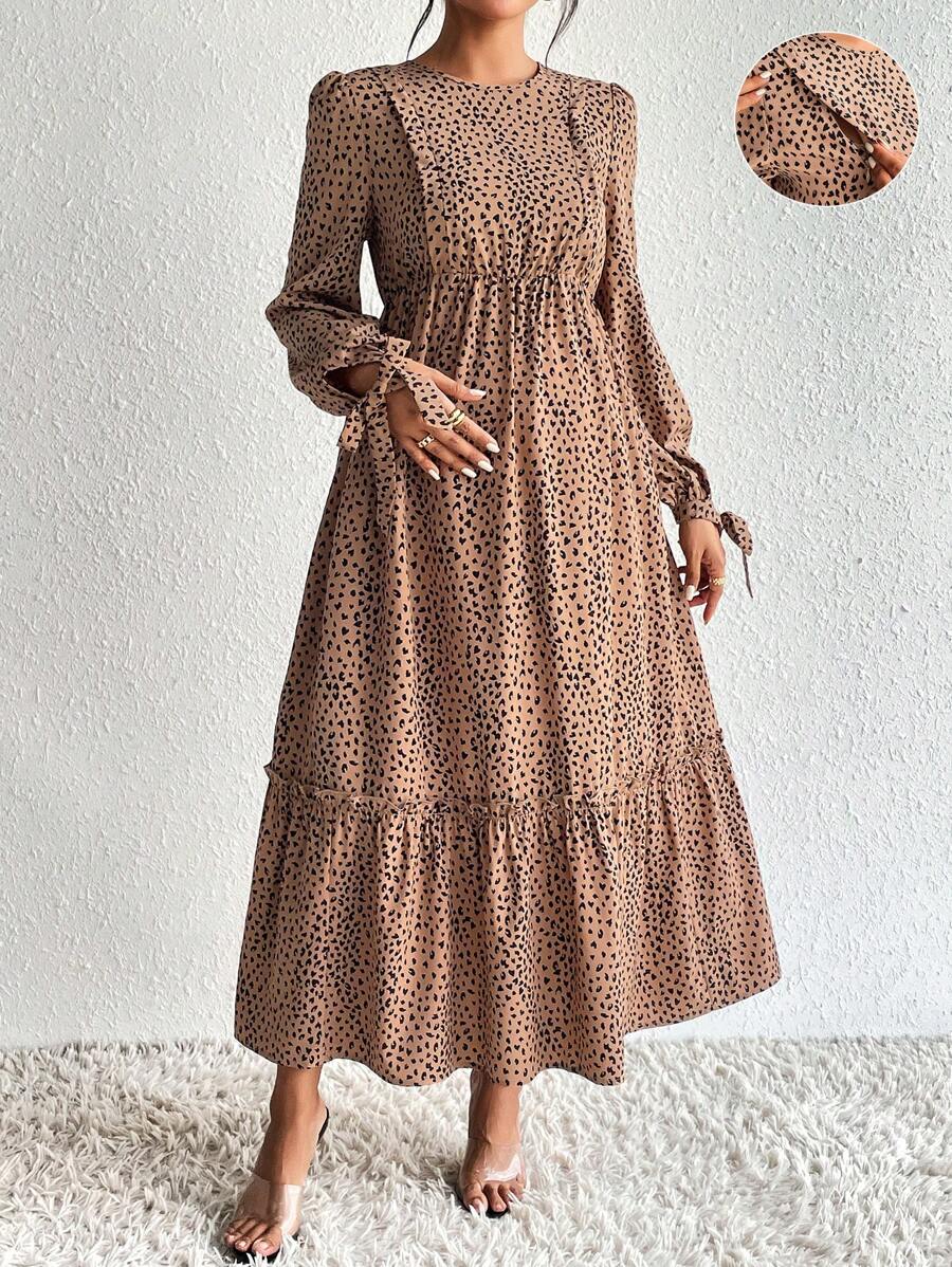 SHEIN 孕婦斑點印花打結袖口荷葉邊哺乳連衣裙