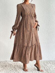 SHEIN 孕婦斑點印花打結袖口荷葉邊哺乳連衣裙
