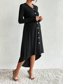 SHEIN 孕婦素色前紐扣前短後長連衣裙 - 黑色 - 查看 1