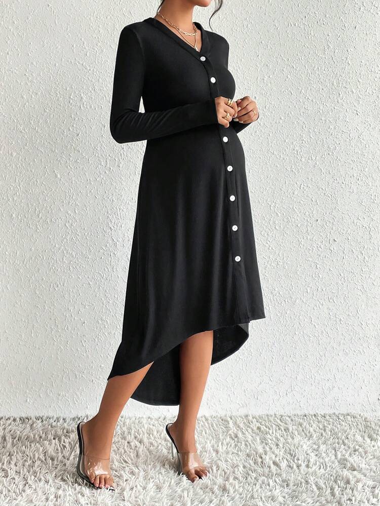 Maternity Solid Button Front High Low Dress