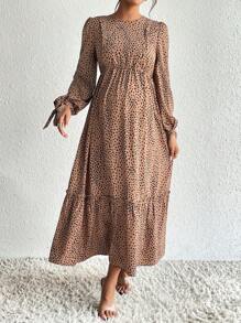 SHEIN 孕婦斑點印花打結袖口荷葉邊哺乳連衣裙