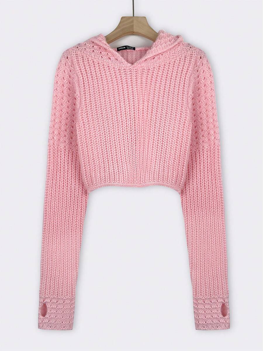 SHEIN Unity 纯色短款连帽针织套头衫，适合秋冬季穿着 - 粉色 - 查看 1