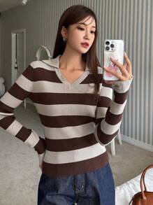 DAZY Mẫu sọc Đồ đan Ribbed Áo len - Cà phê nâu - Xem 2