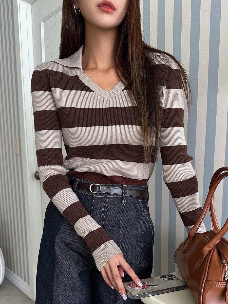 DAZY Mẫu sọc Đồ đan Ribbed Áo len - Cà phê nâu - Xem 1