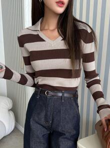 DAZY Mẫu sọc Đồ đan Ribbed Áo len - Cà phê nâu - Xem 3