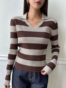 DAZY Mẫu sọc Đồ đan Ribbed Áo len - Cà phê nâu - Xem 4