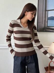 DAZY Mẫu sọc Đồ đan Ribbed Áo len - Cà phê nâu - Xem 6