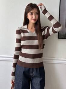 DAZY Mẫu sọc Đồ đan Ribbed Áo len - Cà phê nâu - Xem 7