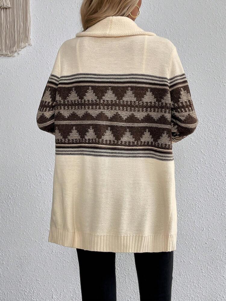 Geo Pattern Shawl Collar Dual Pocket Cardigan