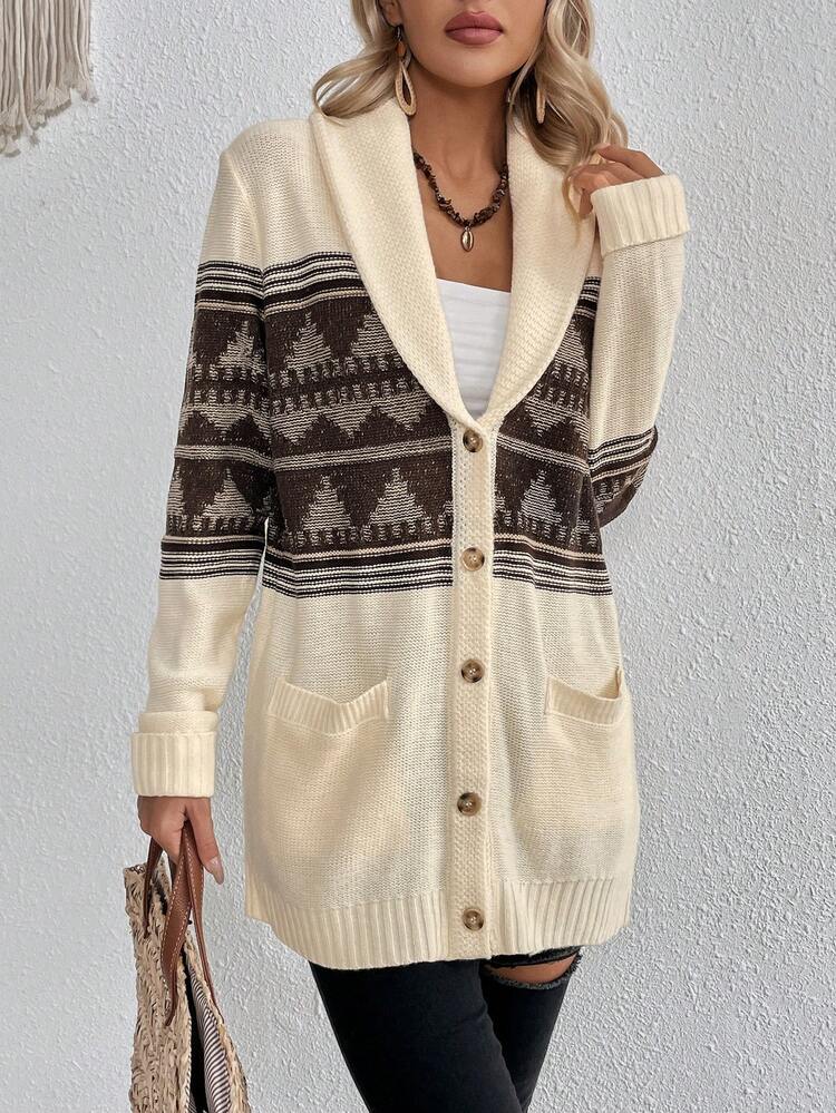 Geo Pattern Shawl Collar Dual Pocket Cardigan