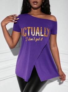 Slaydiva Slogan Graphic Asymmetrical Neck Wrap Hem Tee - Purple - View 1