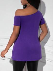 Slaydiva Slogan Graphic Asymmetrical Neck Wrap Hem Tee - Purple - View 2