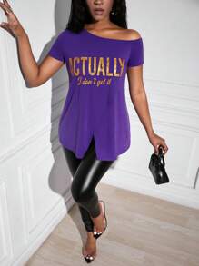 Slaydiva Slogan Graphic Asymmetrical Neck Wrap Hem Tee - Purple - View 3