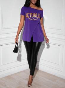 Slaydiva Slogan Graphic Asymmetrical Neck Wrap Hem Tee - Purple - View 4