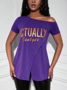 Slaydiva Slogan Graphic Asymmetrical Neck Wrap Hem Tee - Purple - View 5