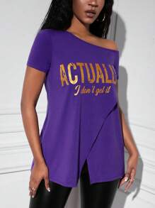 Slaydiva Slogan Graphic Asymmetrical Neck Wrap Hem Tee - Purple - View 6