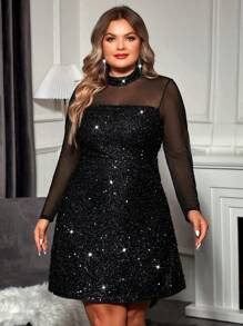 SHEIN CURVE+ Curve Plus Winter  Fall Sheer Mesh Yoke Sequin Dress - Black - View 6