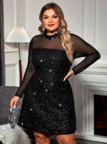 SHEIN CURVE+ Curve Plus Winter  Fall Sheer Mesh Yoke Sequin Dress - Black - View 4