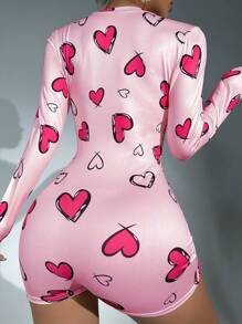 Heart Print Button Front Sleep Romper, Fall, Winter - Pink - View 2