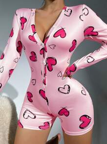 Heart Print Button Front Sleep Romper, Fall, Winter - Pink - View 4