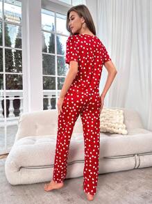 Heart Print Tee & Pants PJ Set / Pyjamas Set - Röd - Visa 2