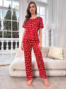 Heart Print Tee & Pants PJ Set / Pyjamas Set - Röd - Visa 3