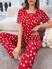 Heart Print Tee & Pants PJ Set / Pyjamas Set - Röd - Visa 5