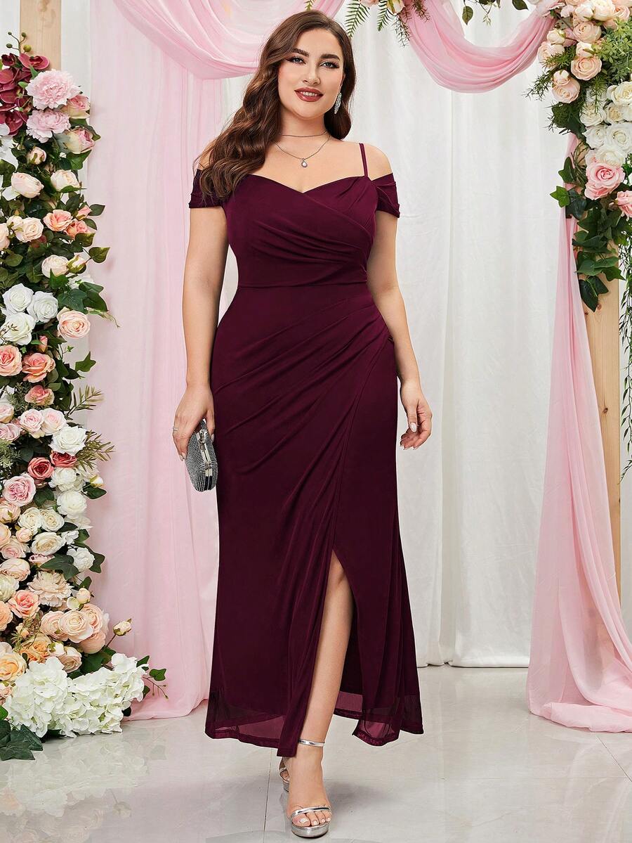 MIUSOL 加大露肩雪纺裹身下摆晚会修身连衣裙婚礼宾客礼服正式礼服 - 酒紅色 - 查看 1