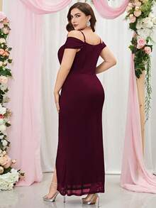 MIUSOL 加大露肩雪纺裹身下摆晚会修身连衣裙婚礼宾客礼服正式礼服 - 酒紅色 - 查看 2