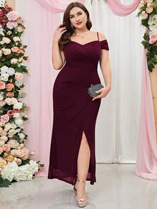 MIUSOL 加大露肩雪纺裹身下摆晚会修身连衣裙婚礼宾客礼服正式礼服 - 酒紅色 - 查看 3