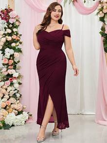 MIUSOL 加大露肩雪纺裹身下摆晚会修身连衣裙婚礼宾客礼服正式礼服 - 酒紅色 - 查看 4