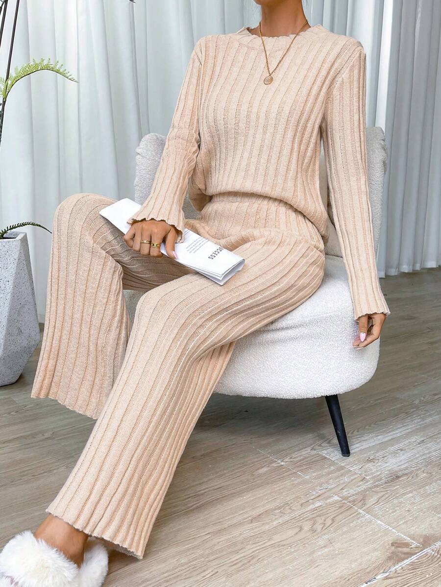 SHEIN Essnce Chất rắn Đồ đan Ribbed Áo len & Quần dệt kim - Màu be - Xem 1