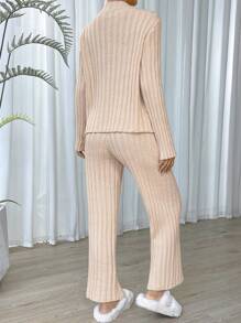 SHEIN Essnce Chất rắn Đồ đan Ribbed Áo len & Quần dệt kim - Màu be - Xem 2