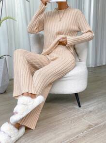 SHEIN Essnce Chất rắn Đồ đan Ribbed Áo len & Quần dệt kim - Màu be - Xem 3