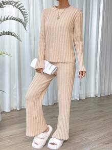 SHEIN Essnce Chất rắn Đồ đan Ribbed Áo len & Quần dệt kim - Màu be - Xem 4