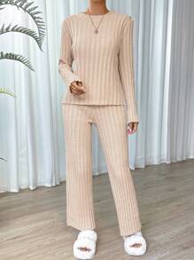 SHEIN Essnce Chất rắn Đồ đan Ribbed Áo len & Quần dệt kim - Màu be - Xem 5