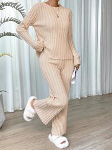 SHEIN Essnce Chất rắn Đồ đan Ribbed Áo len & Quần dệt kim - Màu be - Xem 6