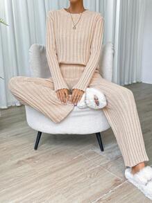 SHEIN Essnce Chất rắn Đồ đan Ribbed Áo len & Quần dệt kim - Màu be - Xem 8