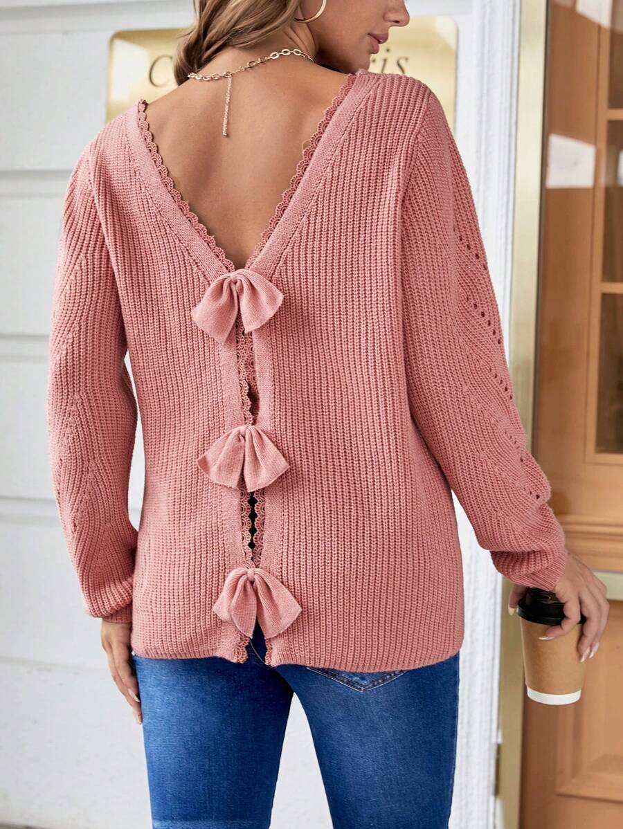 SHEIN Maternity Contrast Lace Bow Back Sweater, For Winter - Dusty Pink - View 1