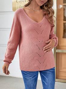 SHEIN Maternity Contrast Lace Bow Back Sweater, For Winter - Dusty Pink - View 3