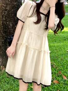 Contrast Trim Puff Sleeve Smock Dress